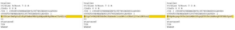 Screenshot showing three temporary PDF file trailers generated by TimbreStealer, each containing different random byte sequences appended to the end of the file.