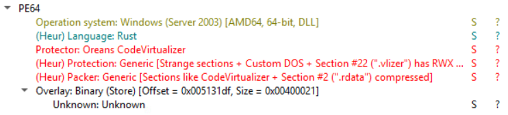 File analysis showing an OnionDrop-related malicious DLL written in Rust and protected with Oreans Code Virtualizer to hinder reverse engineering during an ErrTraffic infection.