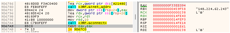 Debugger screenshot showing malware code establishing a command-and-control connection to IP address 148.224.62.243 on port 7777 during the newdev.dll campaign.