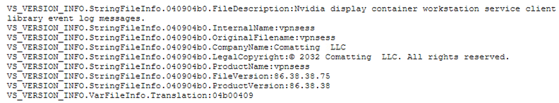 Malicious DLL metadata showing a fake Nvidia display container file description used by OnionDrop-related malware to appear legitimate during an ErrTraffic infection.