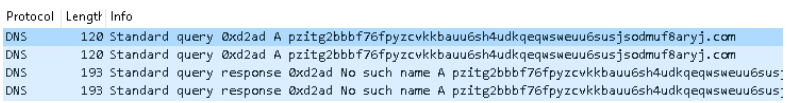DNS traffic showing an OnionDrop-related malicious DLL querying a dynamically generated domain as part of command-and-control activity during an ErrTraffic infection.