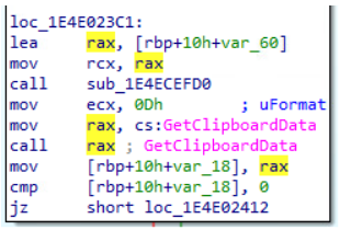 Code analysis showing the malicious Adobe.dll component calling GetClipboardData to access clipboard contents, a technique associated with ClipBanker malware in the ErrTraffic campaign.