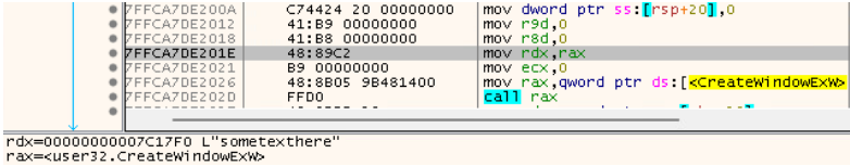 Code analysis showing the malicious Adobe.dll component calling CreateWindowExW to create a hidden window named “sometexthere” during ClipBanker activity in the ErrTraffic campaign.