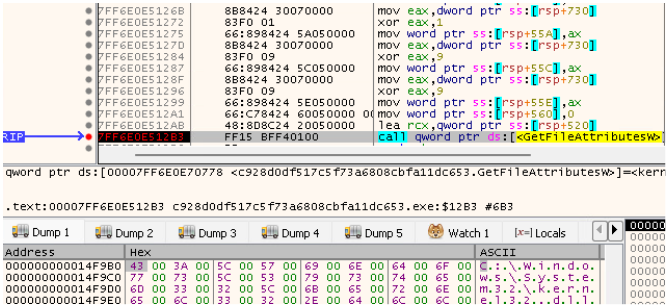 Code analysis showing an OnionDrop-related C/C++ malware variant dynamically loading strings and calling the Windows GetFileAttributesW API during an ErrTraffic infection.