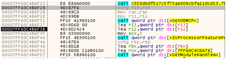 Code analysis showing an OnionDrop-related C/C++ malware variant calling Windows APIs such as GetOEMCP and IsProcessorFeaturePresent to check system locale, processor features, and potential virtualized environments during an ErrTraffic infection.