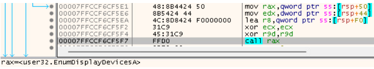 Code analysis showing an OnionDrop-related C/C++ malware variant calling EnumDisplayDevicesA to inspect display hardware and help identify virtualized analysis environments during an ErrTraffic infection.