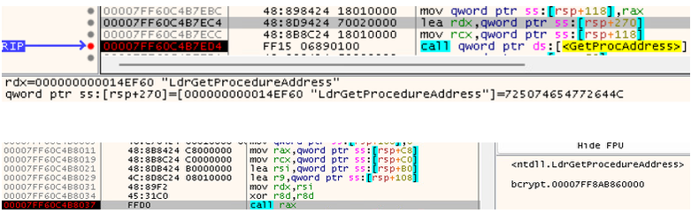 Code analysis showing an OnionDrop-related C/C++ malware variant using LdrGetProcedureAddress to dynamically resolve Windows API functions during an ErrTraffic infection.