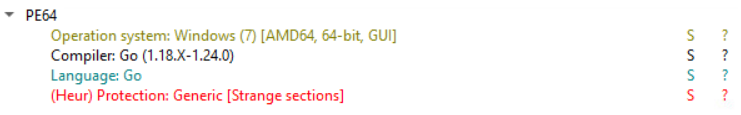 File analysis showing a 64-bit Windows OnionDrop-related malware variant compiled in Go and protected with generic anti-analysis techniques during an ErrTraffic infection.
