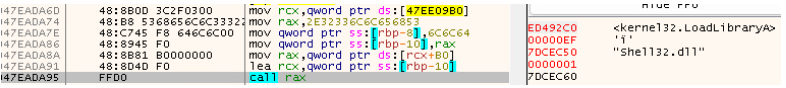 Code analysis showing an OnionDrop-related Go malware variant using LoadLibraryA to dynamically load Windows DLLs, including shell32.dll, during an ErrTraffic infection.