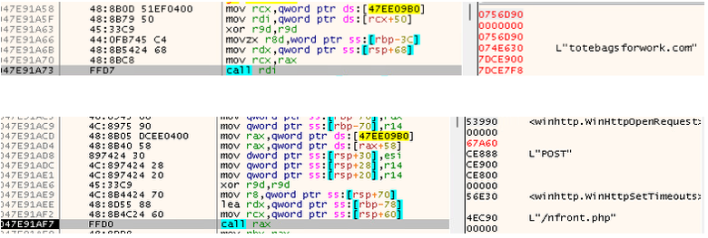 Code analysis showing an OnionDrop-related Go malware variant making an HTTP POST request to infrastructure associated with LegionLoader during an ErrTraffic infection.