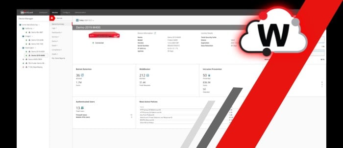 WatchGuard AuthPoint management screen with a mobile phone on the left showing AuthPoint tokens