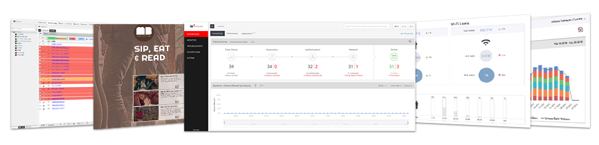 Management screens from WatchGuard Wi-Fi Cloud arranged in a row