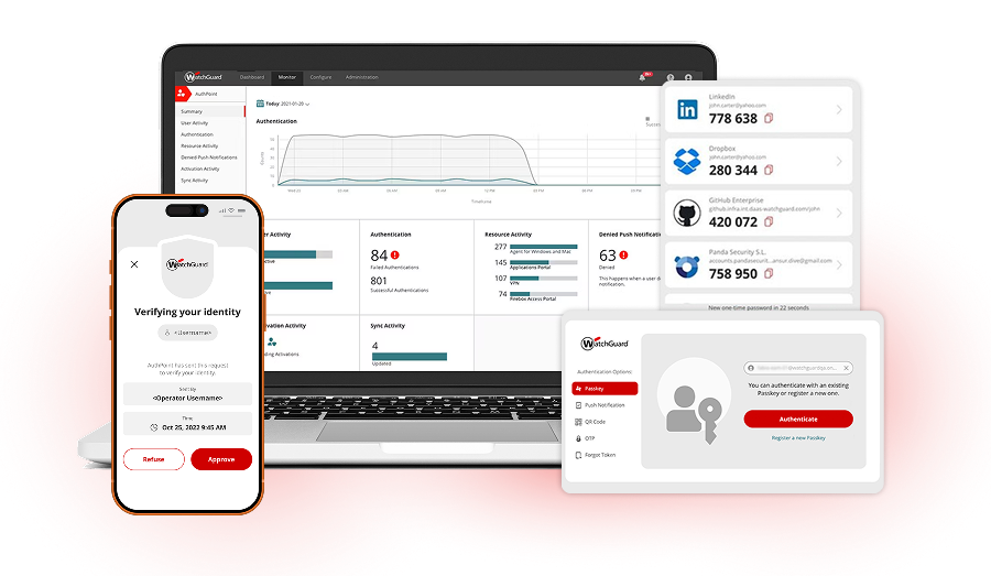 Écrans WatchGuard AuthPoint sur ordinateur portable et téléphones portables