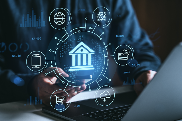 Bank symbol with internet icons around it in a circle