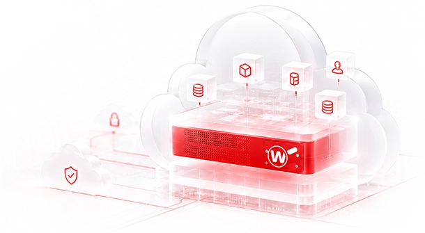 Ein roter WatchGuard-Feuerkasten schwebt in einer Wolke