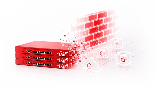stack of WatchGuard Fireboxes dissolving into pixels
