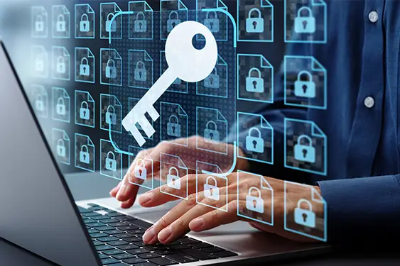 Key and locked files icons floating between a user and their laptop