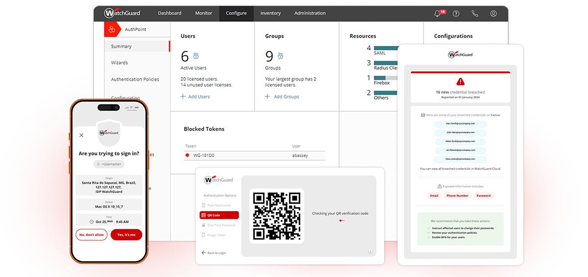 O WatchGuard AuthPoint exibe informações em um computador e em um celular.