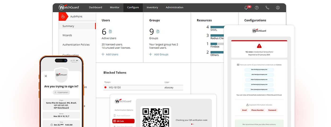 Schermate di sicurezza dell'identità WatchGuard AuthPoint su dispositivi desktop e mobili