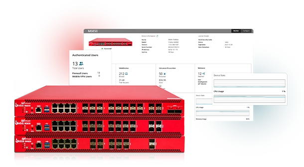 WatchGuard rackmount Fireboxes in a stack in front of WatchGuard Cloud dashboards