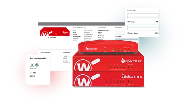 WatchGuard T Series Fireboxes in a stack with WatchGuard Cloud screens behind it