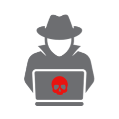 Gray figure in a spy coat and hat with a laptop that has a red skull on the back