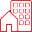 Profilo rosso di una casa accanto a un contorno rosso di un edificio per uffici