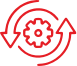 Dos flechas rojas que giran en sentido contrario a las agujas del reloj alrededor de un engranaje rojo en el centro
