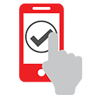 Ilustração de um celular vermelho com uma mão cinza apontando com um dedo uma marca de seleção preta na tela