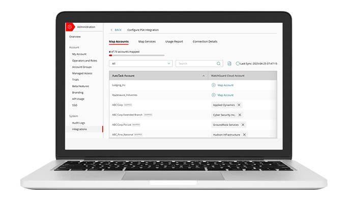 WatchGuard PSA integration screen on a laptop