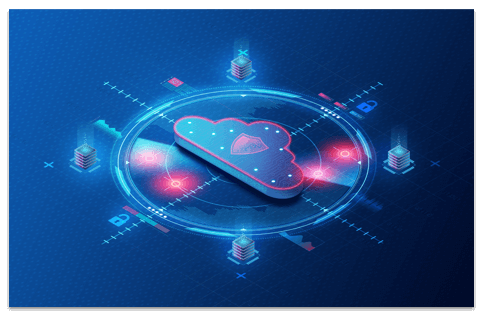 Semi-3D illustration of a cloud with a lock inside of it surrounded by sectioned off quadrants