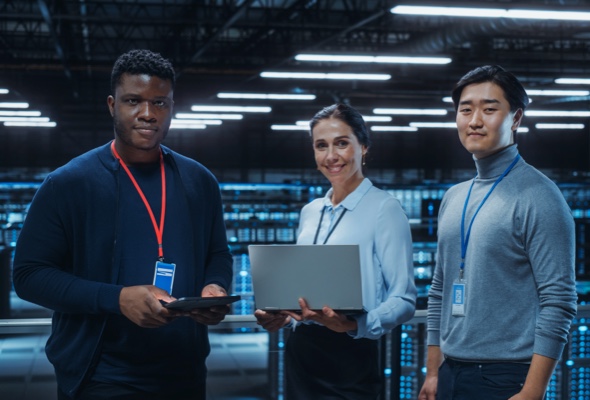 Diverse employees holding a laptop and a tablet computer in a server room