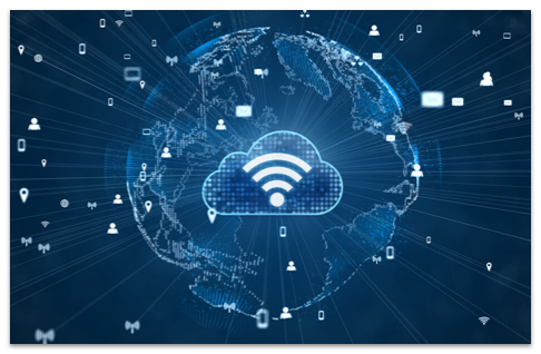 Wi-Fi symbol inside a cloud inside a glowing blue globe