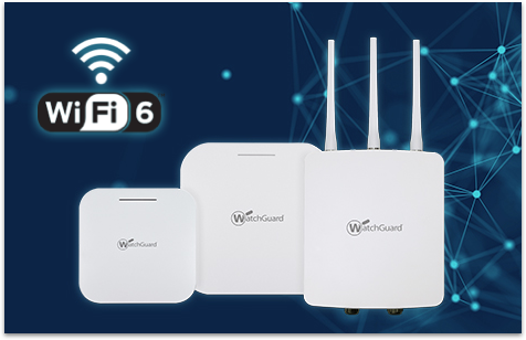 WatchGuard Wi-Fi 6 access points on a blue glowing background