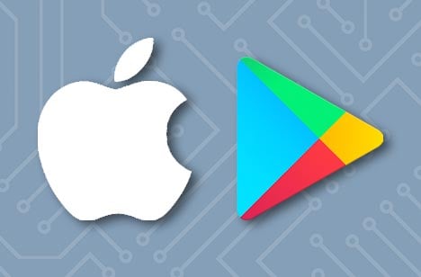 Apple icon and Google Play icon on a gray stylized circuit board background