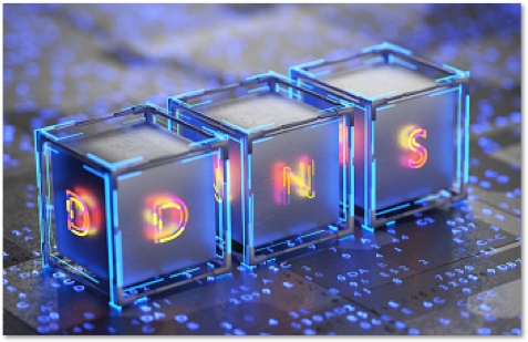 glowing letters D N and S in glass-looking blocks