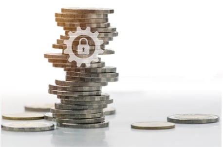 Stack of coins with a white lock icon inside of a gear on the front of them