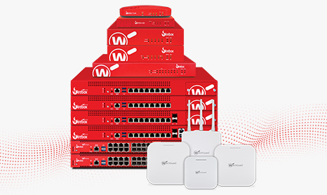 stack of WatchGuard Fireboxes with WatchGuard AP access points