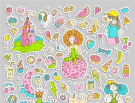 Foto: Farbenfrohe Aufkleber auf grauem Hintergrund