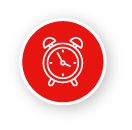 white clock icon in a red circle