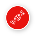 white DNA helix icon in a red circle