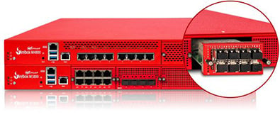 WatchGuard Fireboxes with a zoom in of a swappable module in a circle at top right