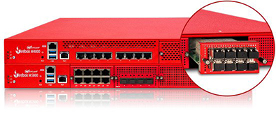 Dispositivos WatchGuard Firebox, con acercamiento a un módulo intercambiable en un círculo en la esquina superior derecha