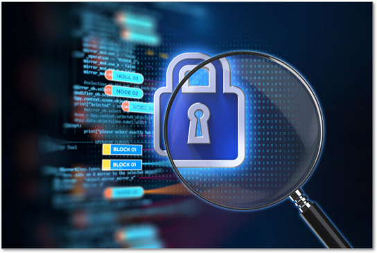 Magnifying glass enlarging a blue lock icon in front of a black screen of code