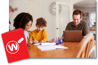 Family working around a dining table with a red passport icon in the lower left corner