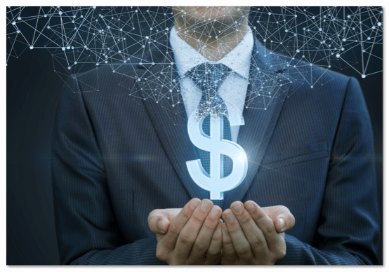 Man in a suit with a shining US dollar sign floating above his cupped hands