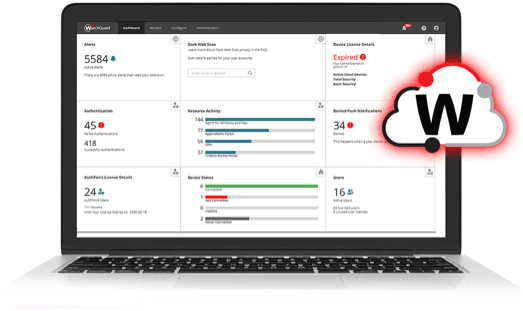 Laptop with WatchGuard Cloud screen showing and a WatchGuard Cloud icon to the right