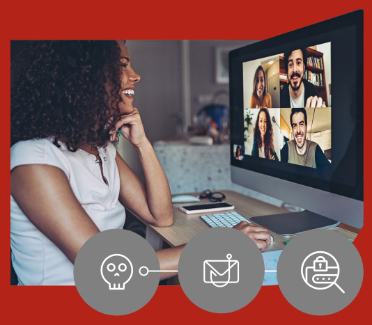 Mulher sorridente em uma videoconferência com 4 pessoas na tela e 3 ícones de ameaça abaixo