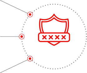 ícono de escudo rojo con líneas y puntos rojos que lo conectan con los otros tres íconos