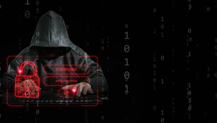Hooded hacker at keyboard attempting brute-force login attack, with red digital lock and username/password fields overlaid on binary code background.